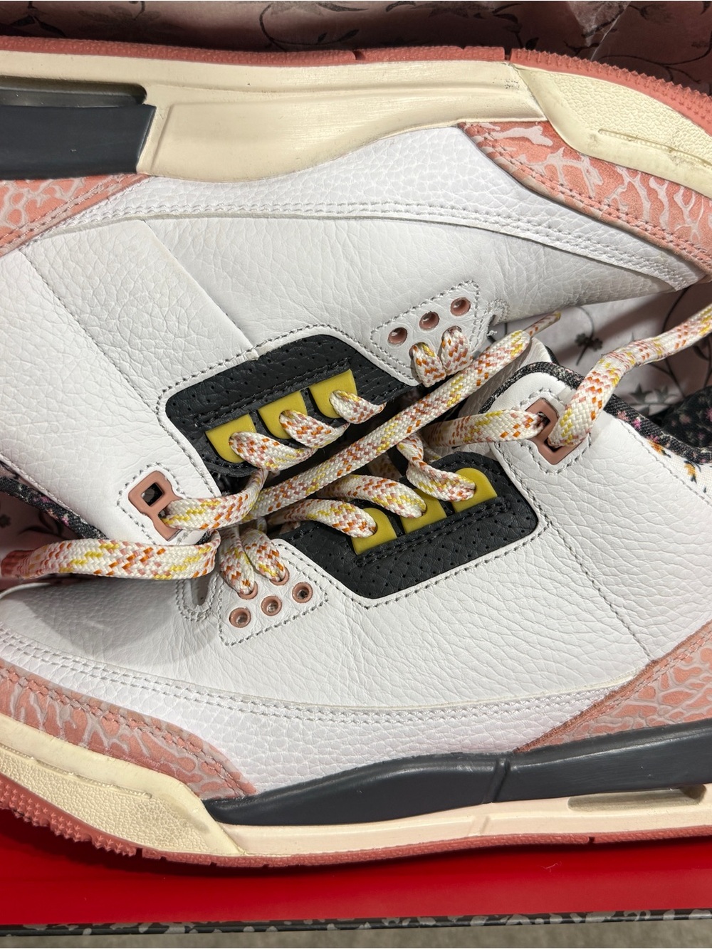 Jordan Women’s White Sneakers with Pink, Yellow & Black Accents